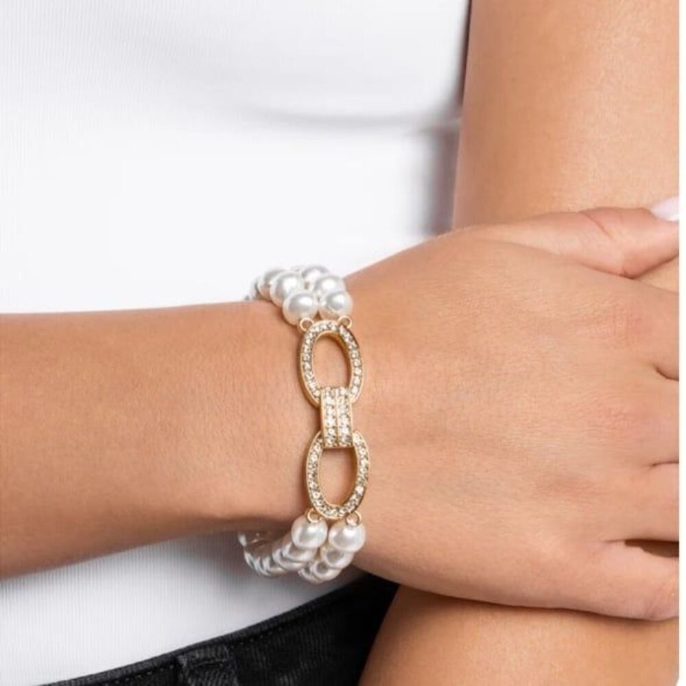 Paparazzi Fancy-Free Fanfare Pearl Bracelet Rhinestones Gold Double Strand New